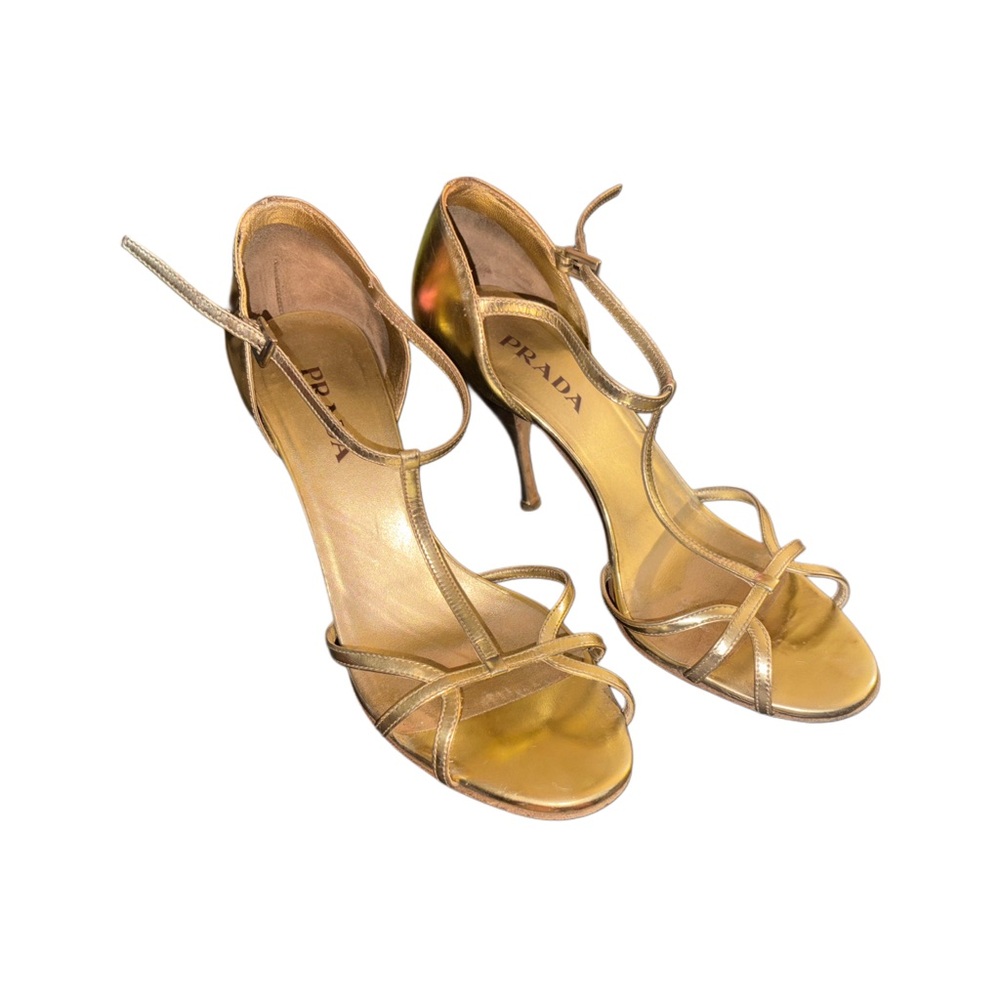 Prada Gold Kitten Heels Elegant Strappy Design